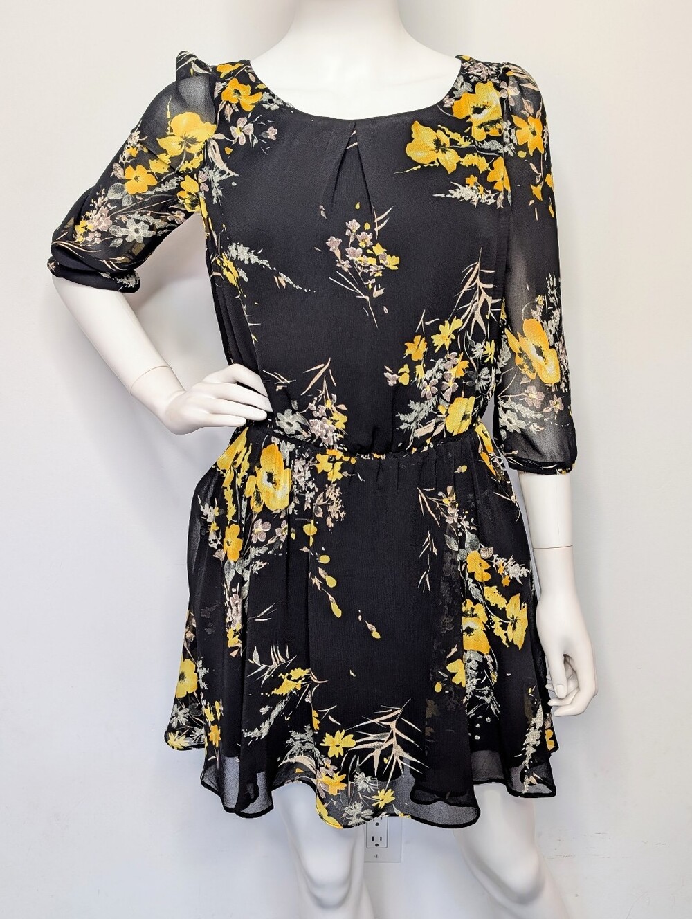 Black, White & Yellow Floral Layered Chiffon Half Sleeve Flowy Mini Dress
